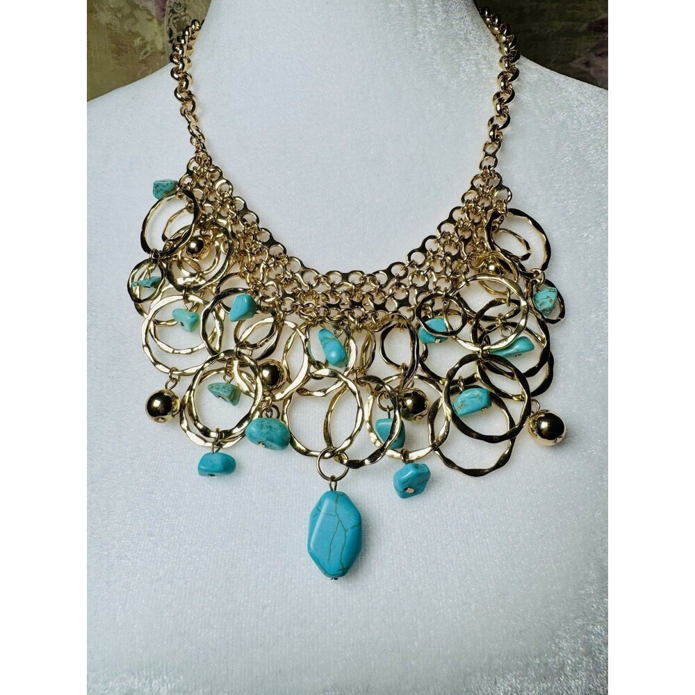 Vintage Carol Dauplaise Turquoise Color Stone Gold Tone Bib Statement Necklace